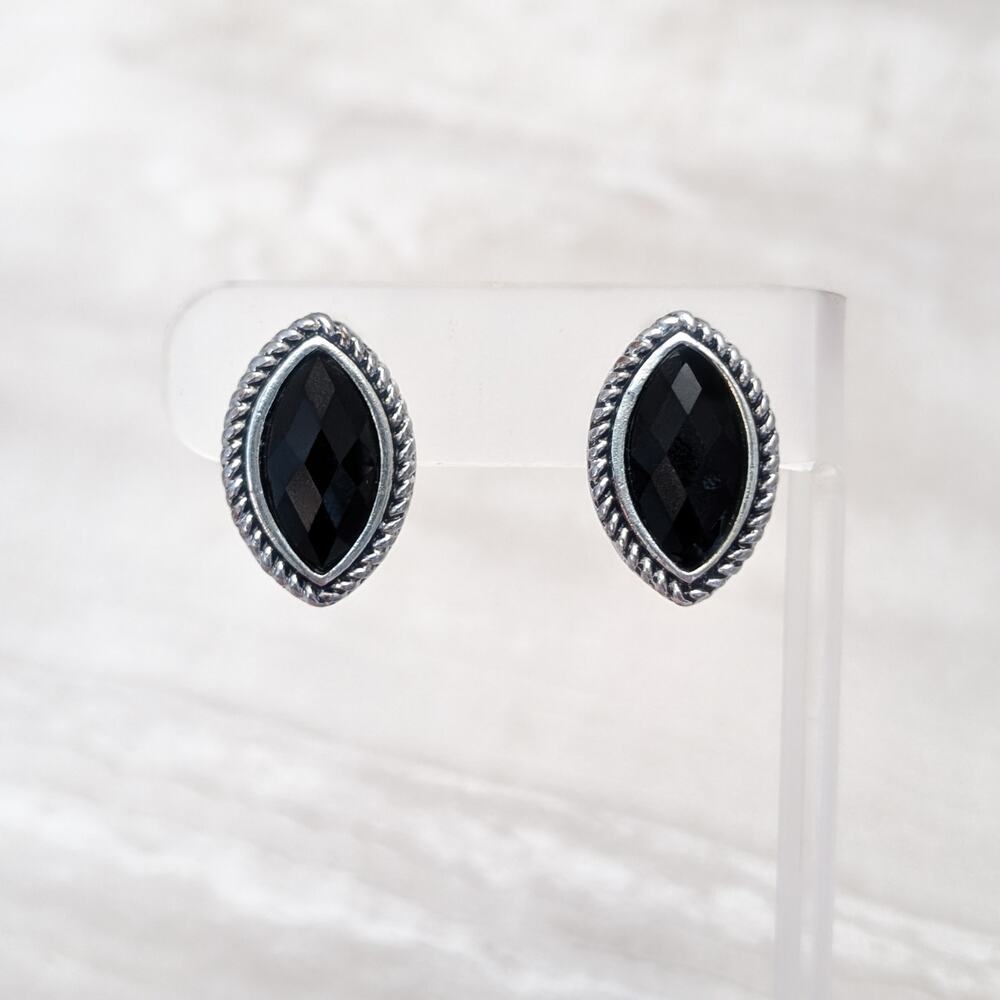 Vintage Clip On Earrings Stylish Pointed Oval Silver Tone with Faceted Black Gem